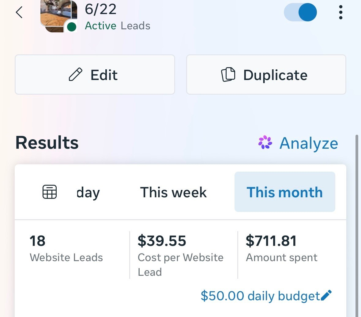 Campaign result: 18 leads this month