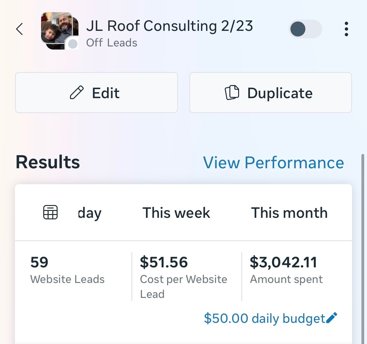Campaign result: Roofing result: 59 leads
